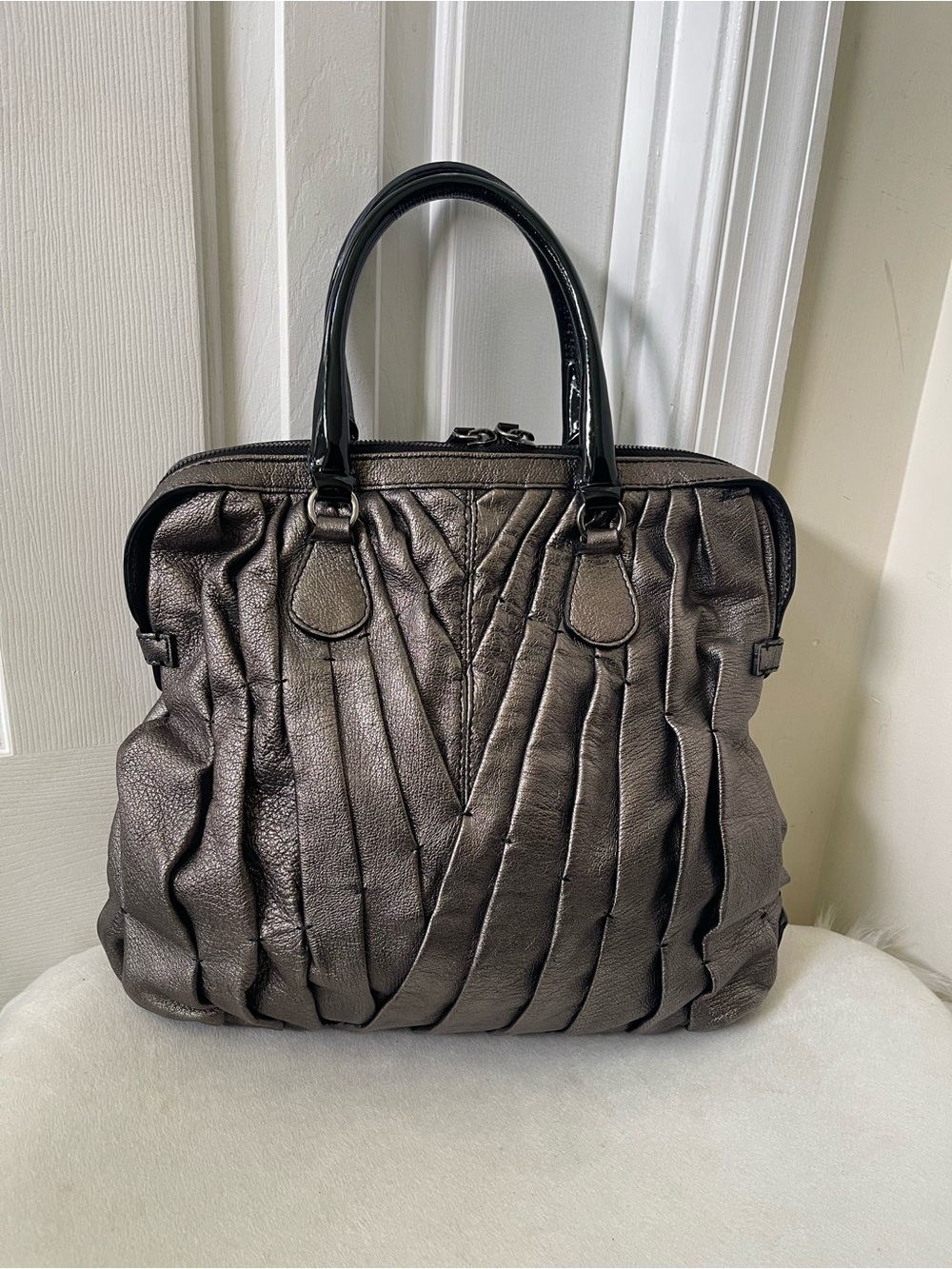 Valentino Garavani Metallic Pewter Pleated Tote with Black Handles - Picture 12 of 15